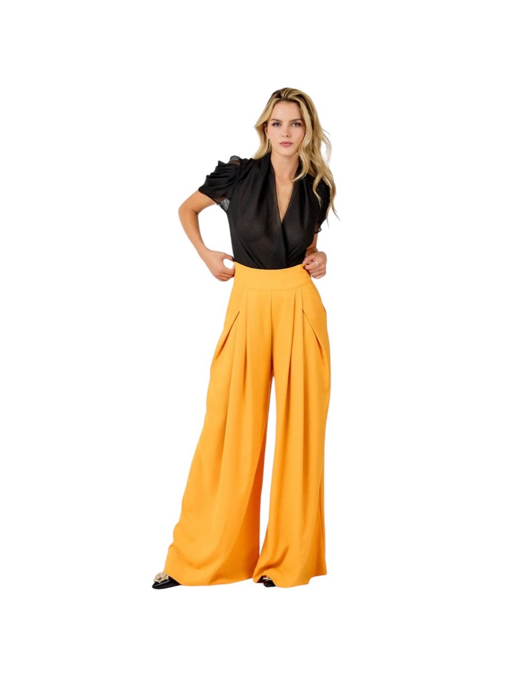 PLEATED FRONT POCKETS WIDE LEG
PANTS High-Waist Pants in Mustard Yellow